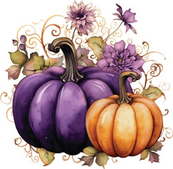 Watercolor Gothic Floral Pumpkin. Orange Purple Fall Autumn Illustration Clipart.