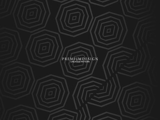 Black abstract background design. Modern wavy lines pattern (guilloche curves) in monochrome colors. Premium line texture for banners, business backgrounds. Dark horizontal vector template.