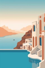 Travel postcard about santorini greece with thalassos island stock illustration - obrazy, fototapety, plakaty