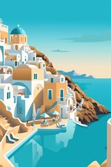  Travel illustration with buildings and a beach in Santorini