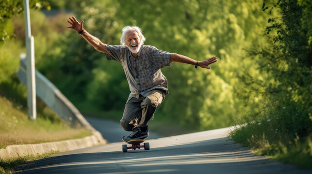 A 70-year-old man wearing a helmet and kneepads is riding a skate