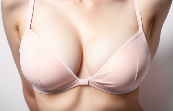 Cropped closeup photo of healthy big stunning seductive woman's breast dressed in bra. Generative AI