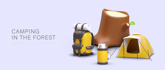 Camping in forest. Huge realistic tree stump, yellow tent, thermos, backpack. Rules for organizing recreation in woods. Tourist accessories for spending night in wild