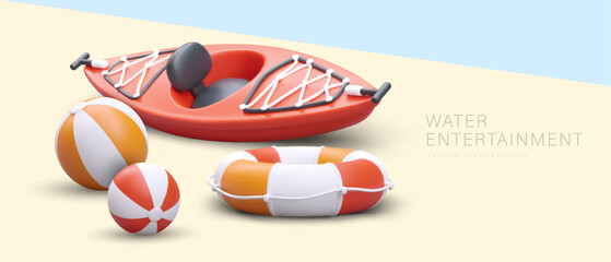 Active recreation, water entertainment. 3D kayak, striped balls, lifebuoy in cartoon style. Background in beach colors. Sale and rental of equipment. Concept for tourism business