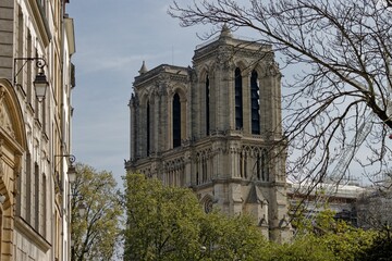 Side view of a Notre Dame on a cloudy day in Paris, France