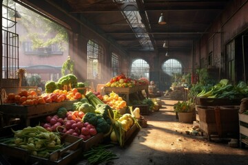 AI generated illustration of an assortment of fresh fruits and vegetables in a farmers market