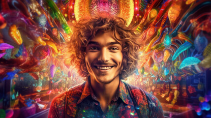 A portrait of a young Beautiful man with a mischievous smile. The background is filled with vibrant colors, reflecting her playful and adventurous spirit.