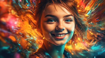 Obraz na płótnie Canvas A portrait of a young Beautiful girl with a mischievous smile. The background is filled with vibrant colors, reflecting her playful and adventurous spirit.