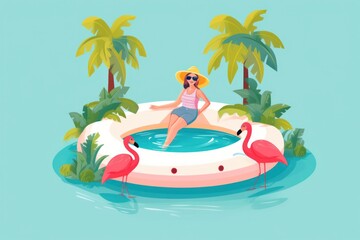 Fototapeta na wymiar Young girl joyfully riding flamingo pool float in a tropical paradise, surrounded by palm trees and turquoise water. Simple flat illustration