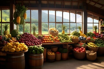 a market filled with lots of vegetables and fruit pieces on display