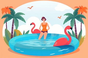 Young girl joyfully riding flamingo pool float in a tropical paradise, surrounded by palm trees and turquoise water. Simple flat illustration