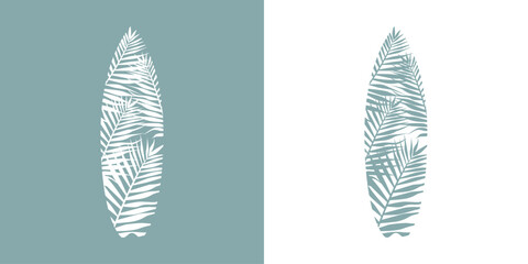 Logo club de surf. Silueta de hojas de palmera con forma de tabla de surf - obrazy, fototapety, plakaty
