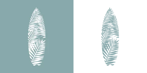 Fototapeten Logo club de surf. Silueta de hojas de palmera con forma de tabla de surf © teracreonte