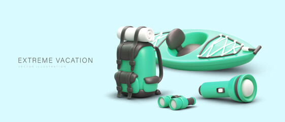 Extreme vacation. Realistic backpack, kayak, binoculars, flashlight. River trip, kayaking. Horizontal banner in green color. Equipment for modern tourism