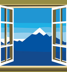 Vector illustration of an open window with a mountain in the background
