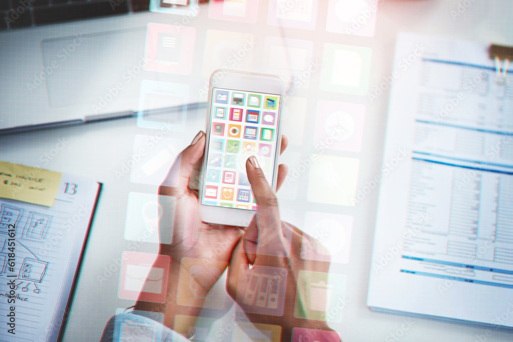 Aufkleber closeup, hands and cellphone with hologram, icons and typing with website information, documents and