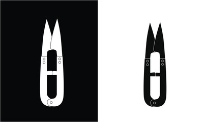 Thread clipper icon vector illustration. Thread cutting scissors icon vector in black and white. Tool for needlework or embroidery. Fashion concept. Tailor scissors clipart. - obrazy, fototapety, plakaty