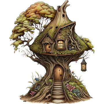Fairytale tree house with two windows one entrance door fantasy on transparent background