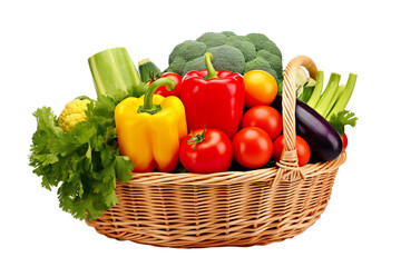 Assorted organic vegetables and fruits in wicker basket isolated PNG