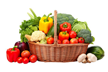 Assorted organic vegetables and fruits in wicker basket isolated PNG - Powered by Adobe