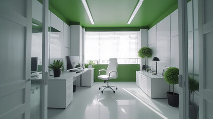 Obraz na płótnie Canvas Modern Office, Empty, White ambience with some color accents, futuristic. Ideal for video conference background. Beautiful and relaxing.