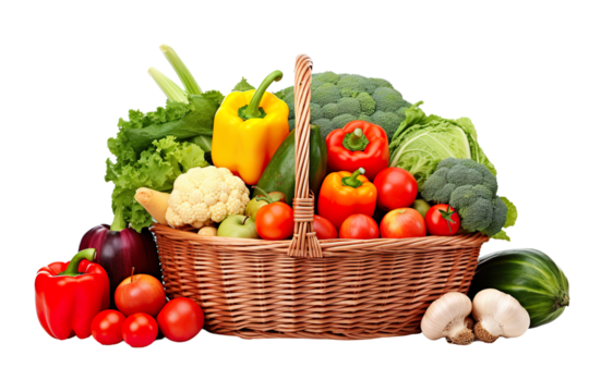 Assorted organic vegetables and fruits in wicker basket isolated PNG