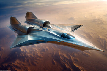 Futuristic combat aircraft in the sky background illustration © ardanz