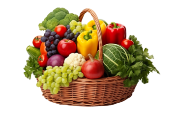 Assorted organic vegetables and fruits in wicker basket isolated PNG
