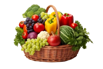 Keuken spatwand met foto Assorted organic vegetables and fruits in wicker basket isolated PNG © JetHuynh