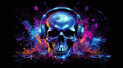 Skull with Headphones with red eyes in headphones listening to music. Halloween party flyer
