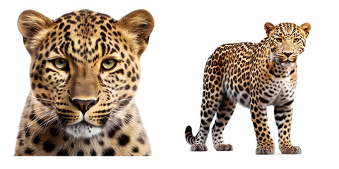 Leopard face shot and full view isolated on transparent png background cutout, generative Ai