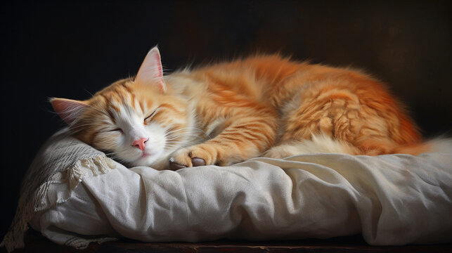 Sleeping cat on cushion, cozy mood.
Generative AI image.