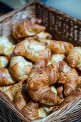 Closeup shot of a wicker basket of freshly-baked croissants.
