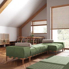 Japandi wooden living room and dining room with sloping ceiling and parquet in white and green tones. Table and chairs. Minimal scandinavian style, attic interior design