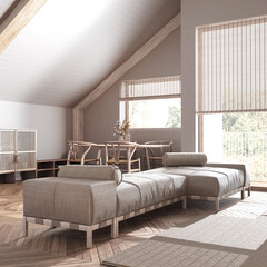 Japandi bleached wooden living room and dining room with sloping ceiling and parquet in white tones. Table and chairs. Minimal scandinavian style, attic interior design