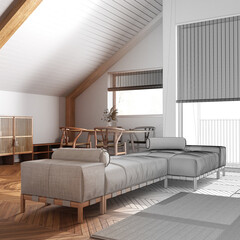 Architect interior designer concept: hand-drawn draft unfinished project that becomes real, japandi living room and dining room with sloping ceiling. Minimal scandinavian style