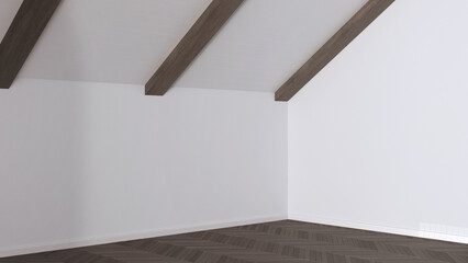 Empty room interior design, open space with parquet floor, dark wooden sloping ceiling, white walls, modern japandi architecture concept idea