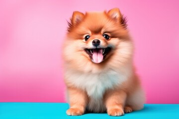 Fototapeta na wymiar Fluffy Pomeranian spitz puppy on a colored blue and pink background. A small smiling dog looks at the camera.