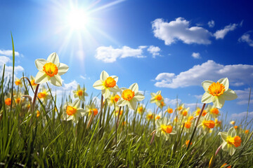Fototapeta na wymiar White daffodils on a green meadow with blue sky, spring background