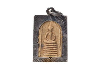 Amulets, Macro Thai buddha amulet isolated on white background.