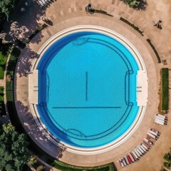 Aerial view of summer vacation swimming pool in a sunny day, aerial view. Generative Ai.