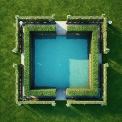 Frame pool stand on a green grass, aerial summer view. generative Ai.