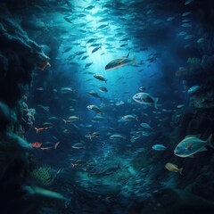 Clean sea without pollution, full of healthy fishes. Generative Ai.
