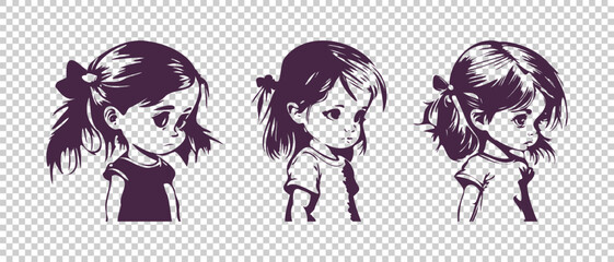 Vector set of graphic cartoon portraits. Lovely sad girls. Crying baby. Isolated background.