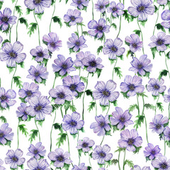 Seamless pattern with spring flowers. Blue anemones, violets, hellebore are painted in watercolor. Botanical elements of petals, leaves, twigs. Design for packaging, paper, wallpaper, postcard.