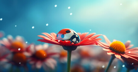 Plakat Beautiful ladybug on daisy flower on blue sky background