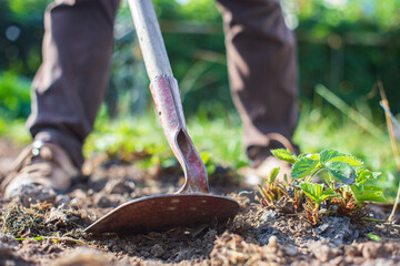 Farmer cultivating land in the garden with hand tools. Soil loosening. Gardening concept....