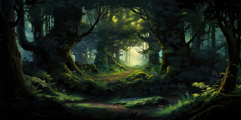 Beautiful forest background banner backdrop fantasy pathway trees, generated ai