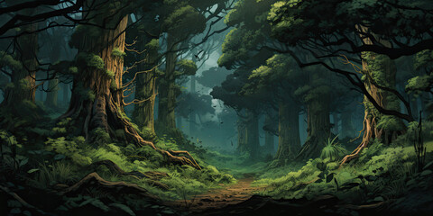 Beautiful forest background banner backdrop fantasy pathway trees, generated ai