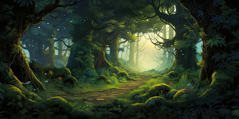 Fototapeta na wymiar Beautiful forest background banner backdrop fantasy pathway trees, generated ai